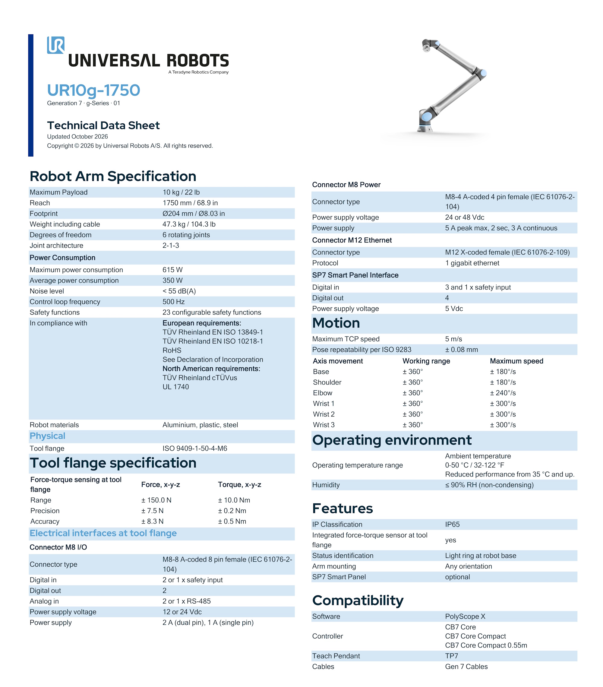 UR10g-1750 collaborative robot techsheet page 1: specification table