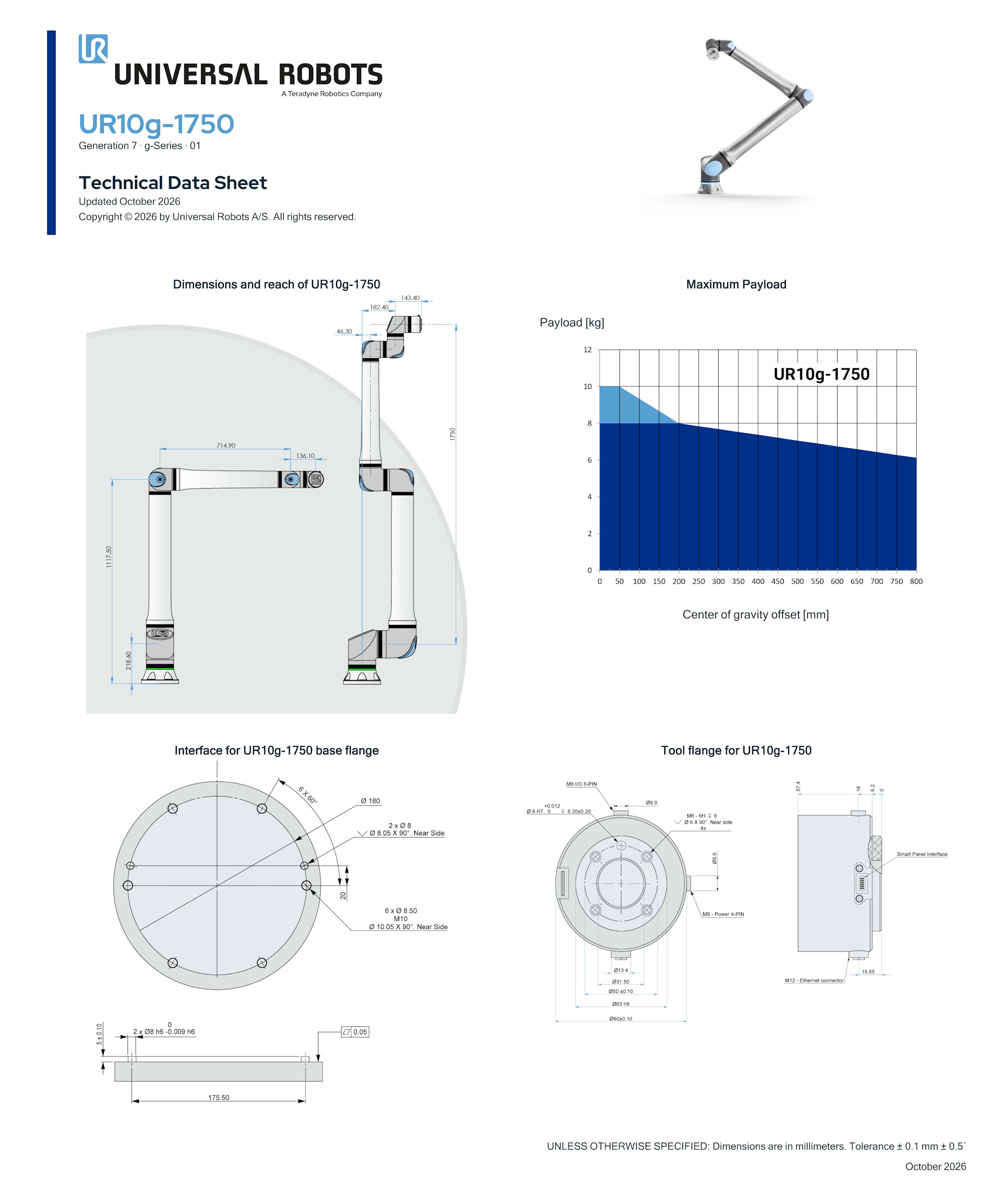 UR10g-1750 collaborative robot techsheet page 2: dimensions and reach, maximum payload chart, base flange and tool flange drawings
