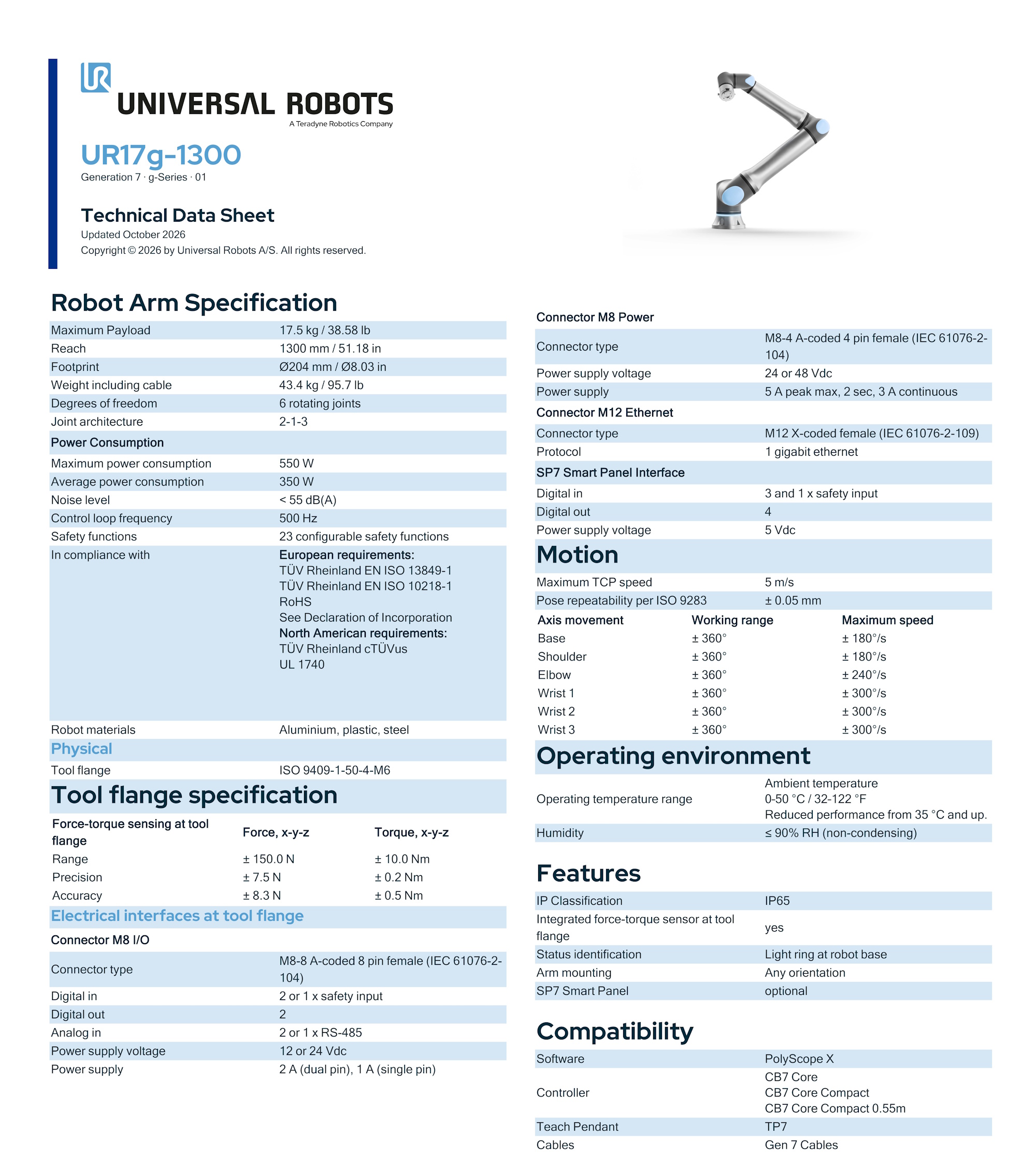 UR17g-1300 collaborative robot techsheet page 1: robot arm, tool flange, motion, operating environment and compatibility specifications